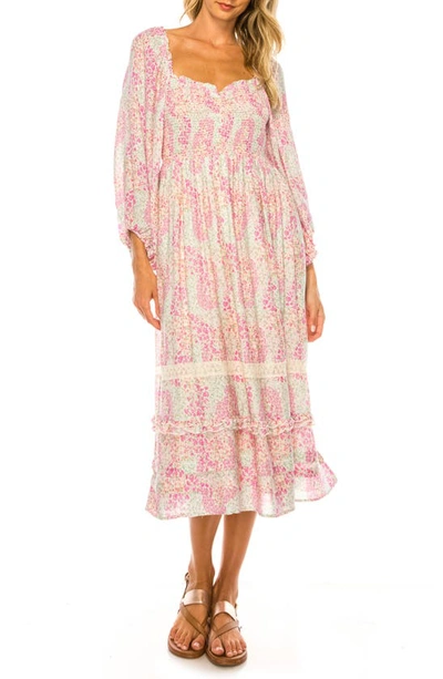 A Collective Story Floral Long Sleeve Midi Dress In Pink Multi