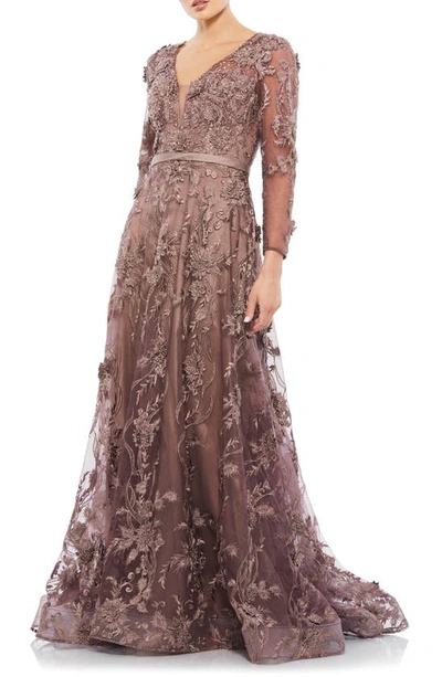 Mac Duggal Long Sleeve Floral Appliqué Mesh Gown In Chocolate