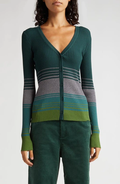 Staud Cargo Stripe Rib Cardigan In Pine Forest