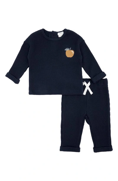 Petit Lem Babies'  Apple Appliqué Thermal Knit Top & Pants Set In Navy