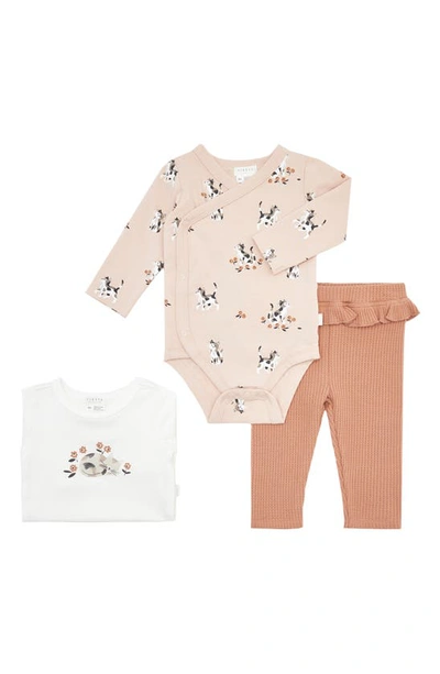 Firsts By Petit Lem Kitten Print 3-piece Stretch Organic Cotton Bodysuits & Solid Leggings Set In Off White