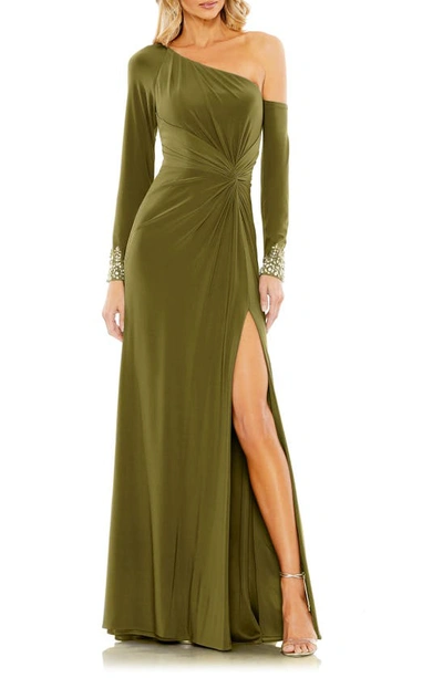 Mac Duggal One-shoulder Long Sleeve Jersey Gown In Olive