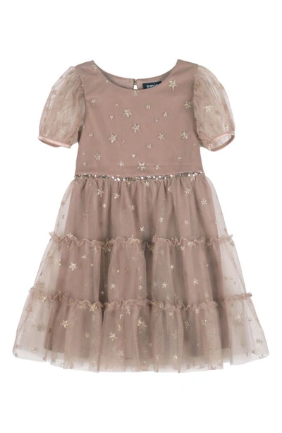 Zunie Babies' Kids' Glitter Star Short Sleeve Tulle Dress In Mocha