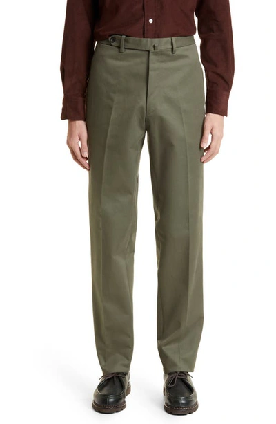 Drake's Flat Front Cotton Drill Trousers In Lovat