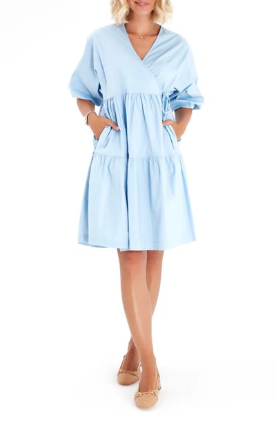 Accouchée Waterfall Tie Waist A-line Maternity/nursing Wrap Dress In Baby Blue