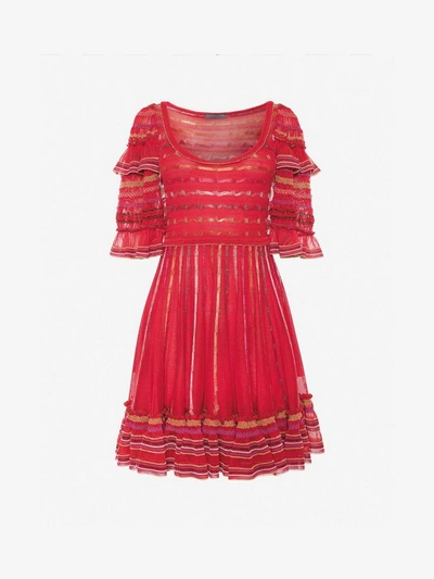 Alexander Mcqueen Sheer Knit Mini Dress In Red/multicolor