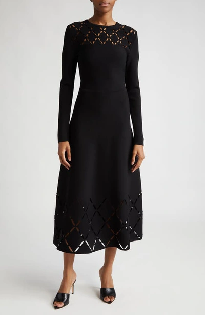 Lela Rose Abstract Cutout Detail Long Sleeve Knit Dress In Black