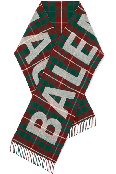 Balenciaga Logo-embroidered Checked Wool Scarf In Bordeaux