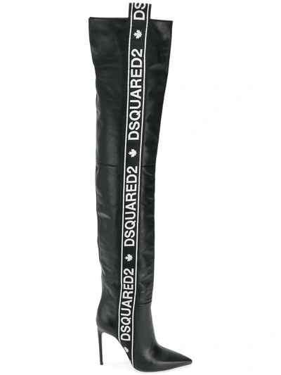 Dsquared2 90mm Logo Leather Over The Knee Boots In Black