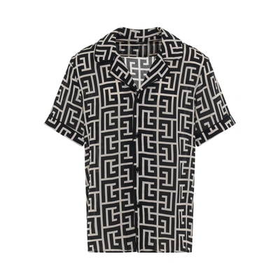 Balmain Ss Macro Monogram Pyjama Shirt In Ivoire/noir