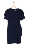 Vince Camuto Puff Sleeve Side Gather Crepe Dress In Navy