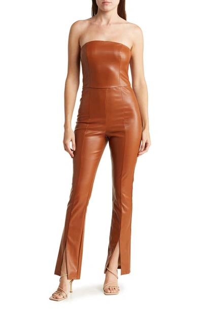 Bebe Strapless Faux Leather Jumpsuit In Copper