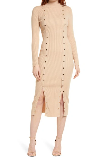 Bebe Snap Long Sleeve Sweater Dress In Brown