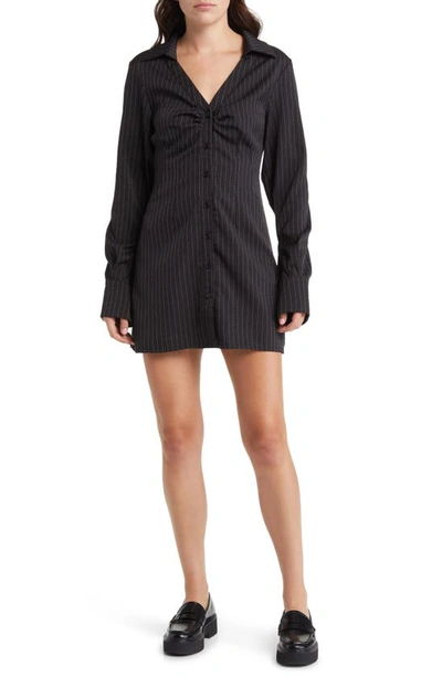 Moon River Pinstripe Long Sleeve Shirtdress In Black