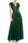 Mac Duggal Beaded Cap Sleeve Tulle A-line Gown In Deep Green