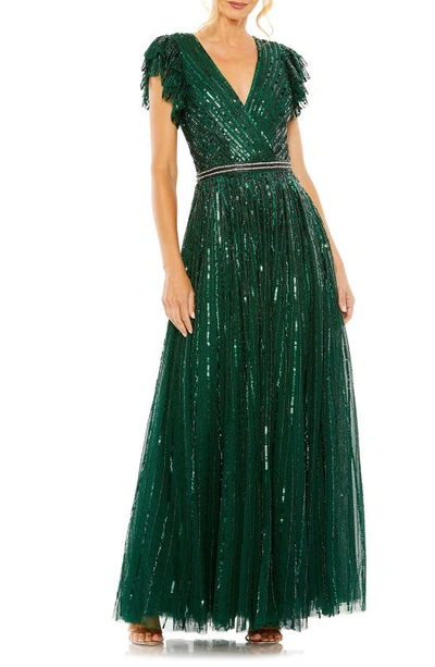 Mac Duggal Beaded Cap Sleeve Tulle A-line Gown In Deep Green