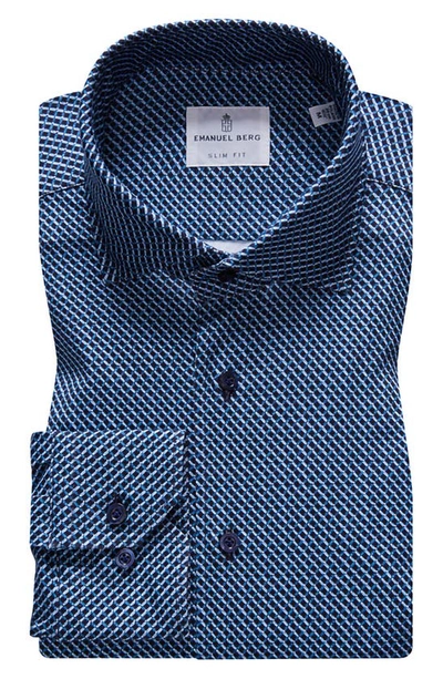 Emanuel Berg 4flex Slim Fit Geometric Print Knit Button-up Shirt In Dark Blue