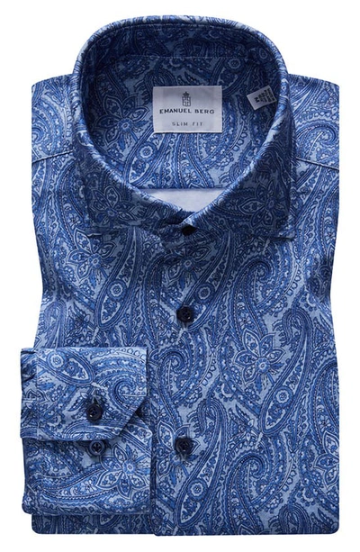 Emanuel Berg 4flex Slim Fit Paisley Knit Button-up Shirt In Medium Blue