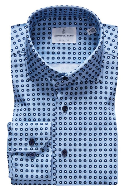 Emanuel Berg 4flex Slim Fit Medallion Print Knit Button-up Shirt In Medium Blue