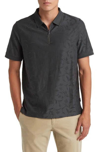 Ted Baker Floral Jacquard Zip Polo In Dark Green