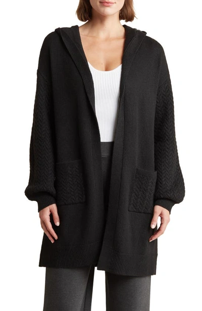By Design Helen Cable Knit Pocket Hooded Long Cardigan In Black