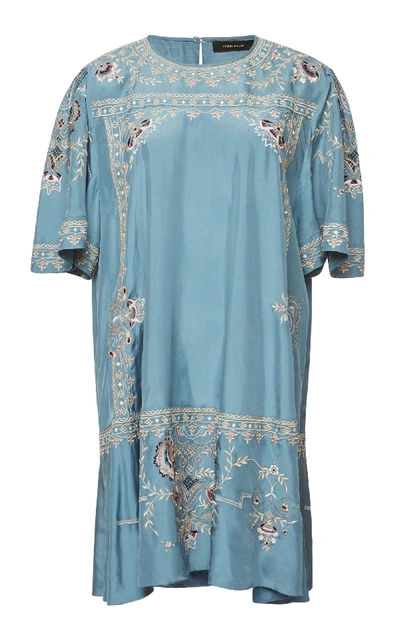 Isabel Marant Short-sleeve Embroidered Silk Mini Dress In Light Blue