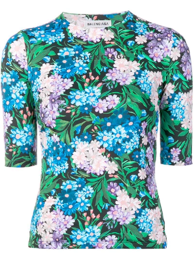 Balenciaga Elbow-sleeve Floral-print Jersey-stretch Top In Blue/ Lilac