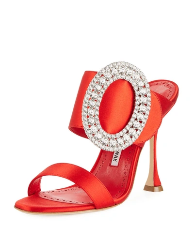 Manolo Blahnik Fibiona Crystal-buckle Satin Mule Sandal In Red