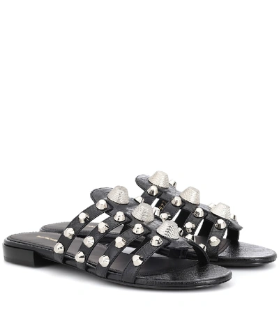 Balenciaga Mixed-stud Leather Slide Flat Sandal, Black
