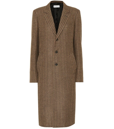 Balenciaga Single-breasted Button-front Houndstooth Wool Coat In Brown