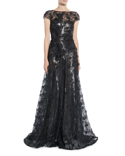 Naeem Khan Cap-sleeve Fitted-bodice A-line Lace Evening Gown W/ Metallic Lining