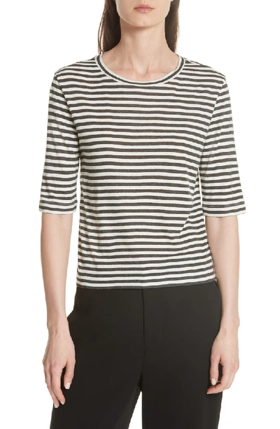 Vince Midi Striped Silk/viscose Cropped Tee, Natural/iron In Natural/ Iron