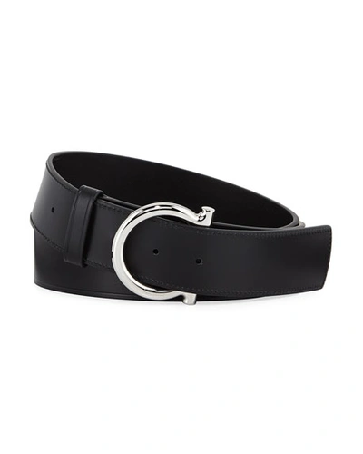 Ferragamo Men's Casual Leather Gancio-buckle Belt In Black