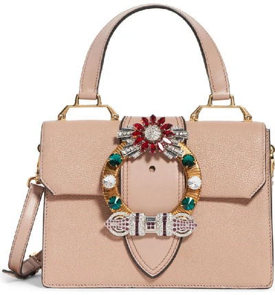Miu Miu Madras Crystal Embellished Leather Top Handle Bag - Pink In Cammeo