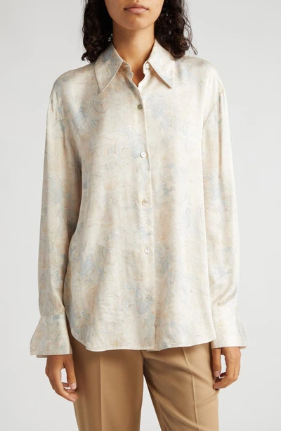 Vince Marble Print Long Sleeve Button-up Shirt In Enoki