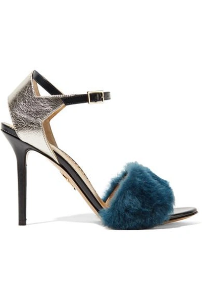 Charlotte Olympia Woman Capella Shearling And Metallic Textured-leather Sandals Petrol In Teal/silver|blu