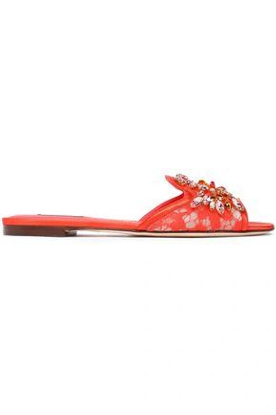 Dolce & Gabbana Woman Crystal-embellished Corded Lace Slides Papaya