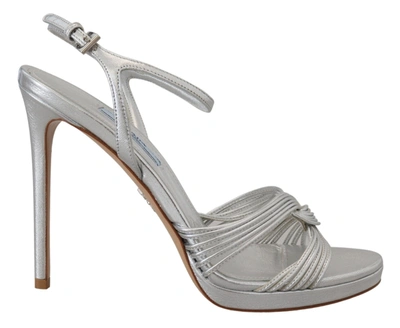 Prada Leather Sandals Ankle Strap Heels Women's Stiletto In Silver