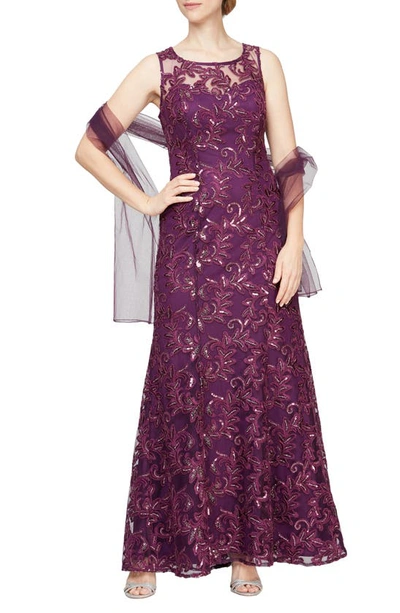 Alex Evenings Embroidered Tulle Gown With Shawl In Plum