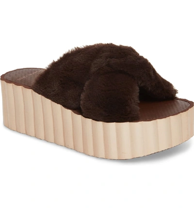 Tory Burch Faux Fur Scallop Platform Slide Sandal In Chocolate