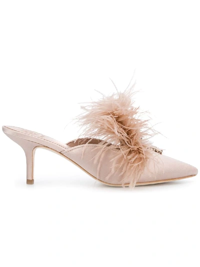 Tory Burch Elodie Feather Embellished Satin Mule In Goan Sand