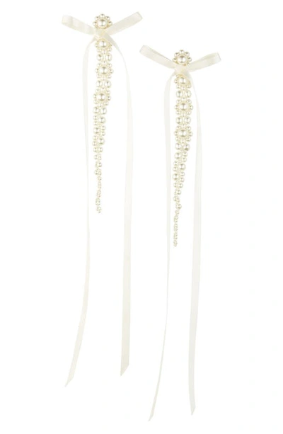 Simone Rocha Bow Ribbon Imitation Pearl Drop Earrings In Pearl/ Ivory