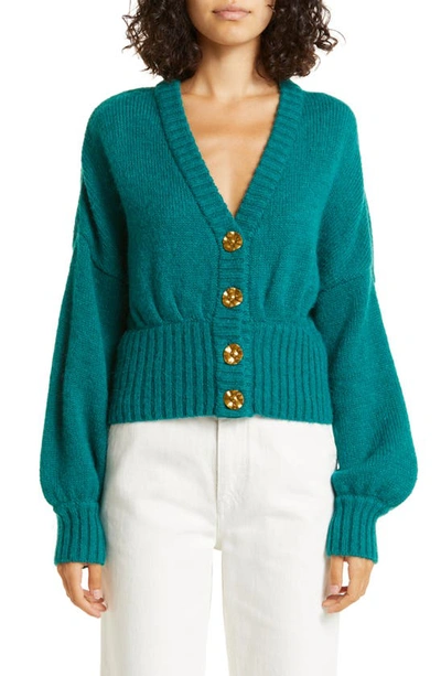 Farm Rio Balloon Sleeve Cardigan In Emerald