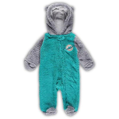Outerstuff Babies' Newborn & Infant Aqua/gray Miami Dolphins Game Nap Teddy Fleece Bunting Full-zip Sleeper