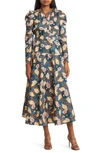 Melloday Floral Print Belted Long Sleeve A-line Dress In Dark Blue Print