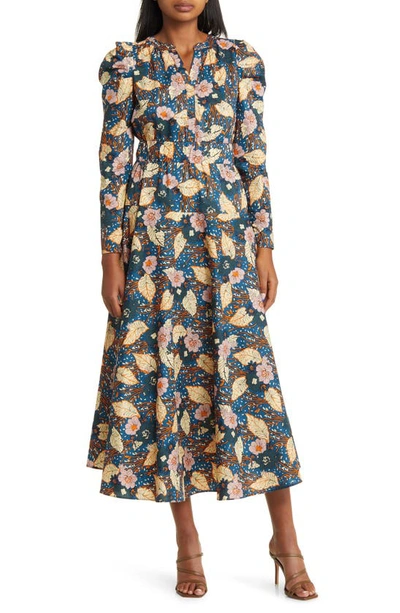 Melloday Floral Print Belted Long Sleeve A-line Dress In Dark Blue Print