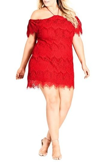 City Chic Trendy Plus Size Off-the-shoulder Lace Dress In Red