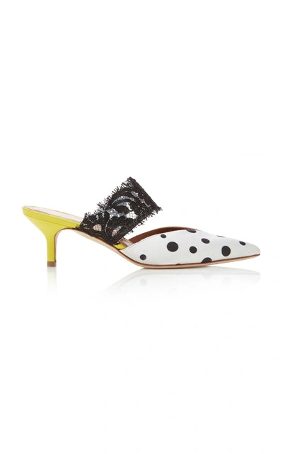 Malone Souliers X Emanuel Ungaro Maisie Polka-dot Satin And Lace Mules In Black/white