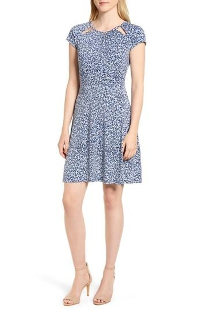 Michael Michael Kors Collage Floral Double Keyhole Dress In True Navy/ Light Chambray