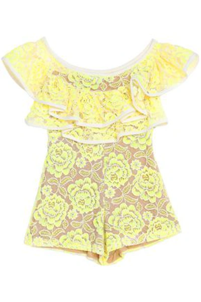 Alexis Woman Off-the-shoulder Ruffled Guipure Lace Playsuit Yellow